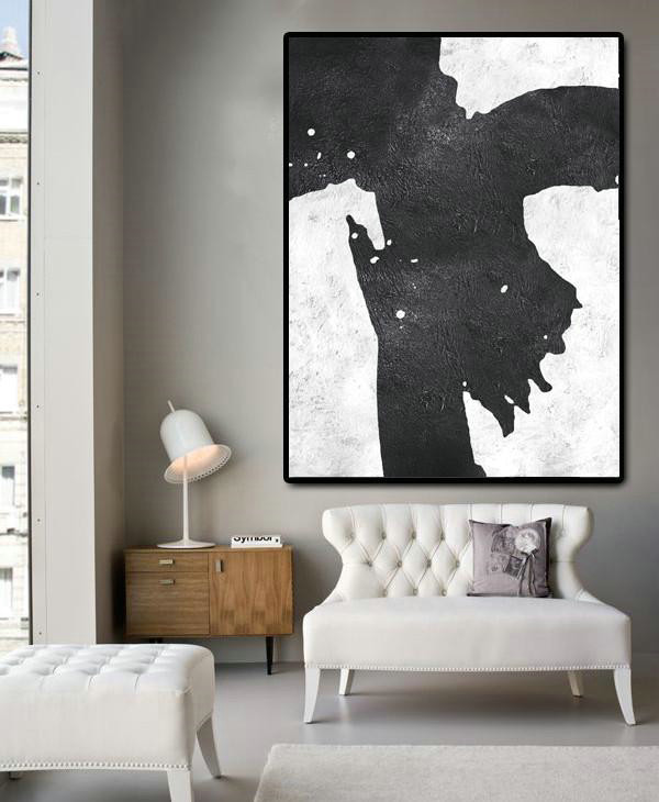 Hand Made Abstract Art,Black And White Minimal Painting On Canvas - Oversized Canvas Art Reading Room